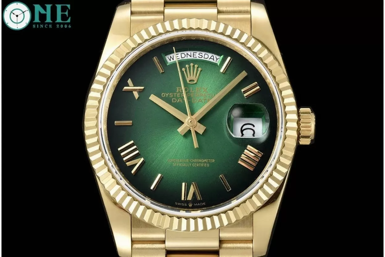 Alternative view of DayDate 128238 36mm YG/YG Green/Rmn QF V3 VR3255(Gain Weight)