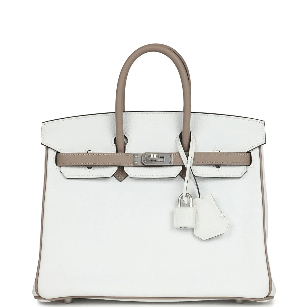 Herm??s Special Order (HSS) Birkin 25 White and Etoupe Clemence Brushed Palladium Hardware