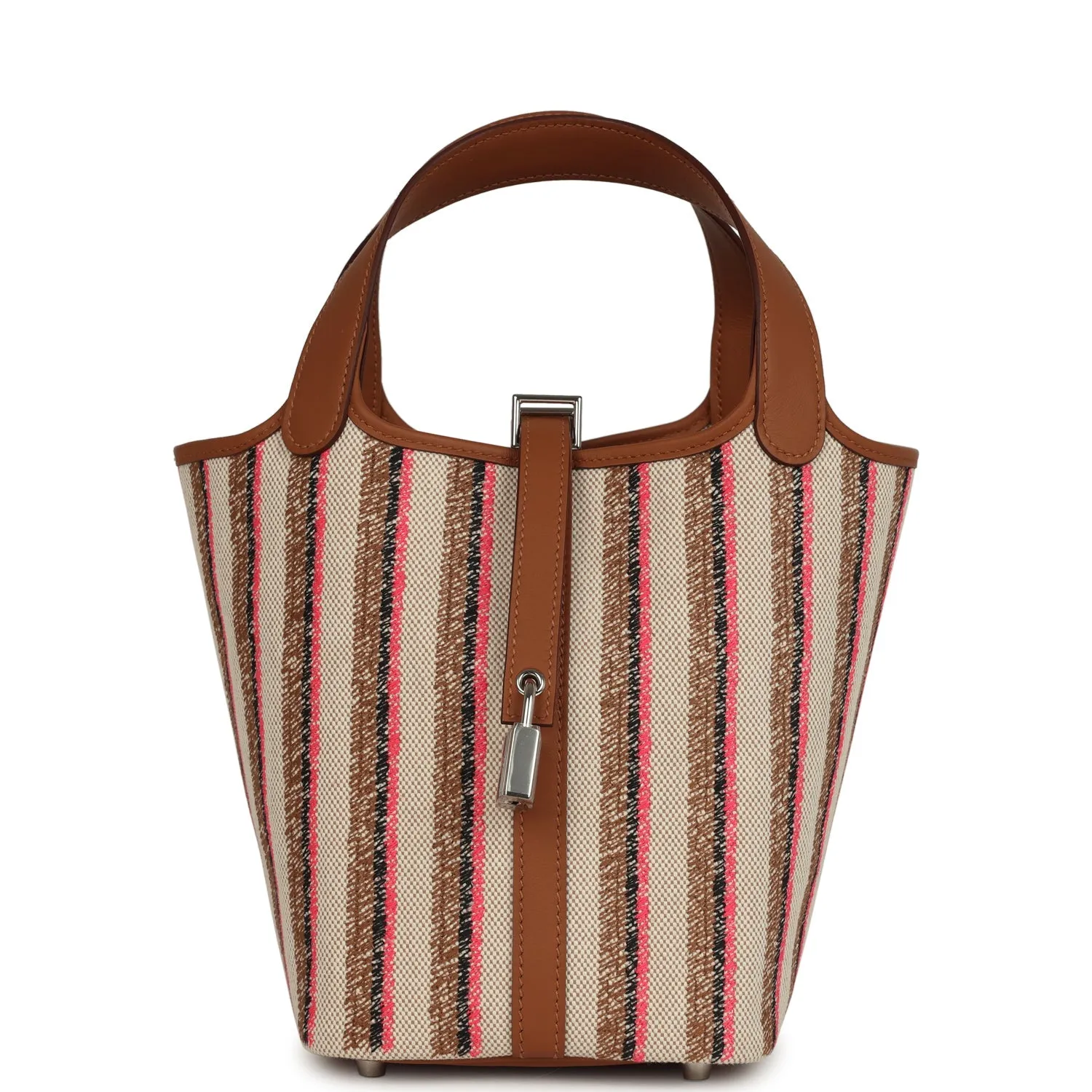 Herm??s Stripe Picotin Lock 18 Gold Swift and Ecru-Beige, Rose Pop, Black and Fauve Toile H Canvas Palladium Hardware