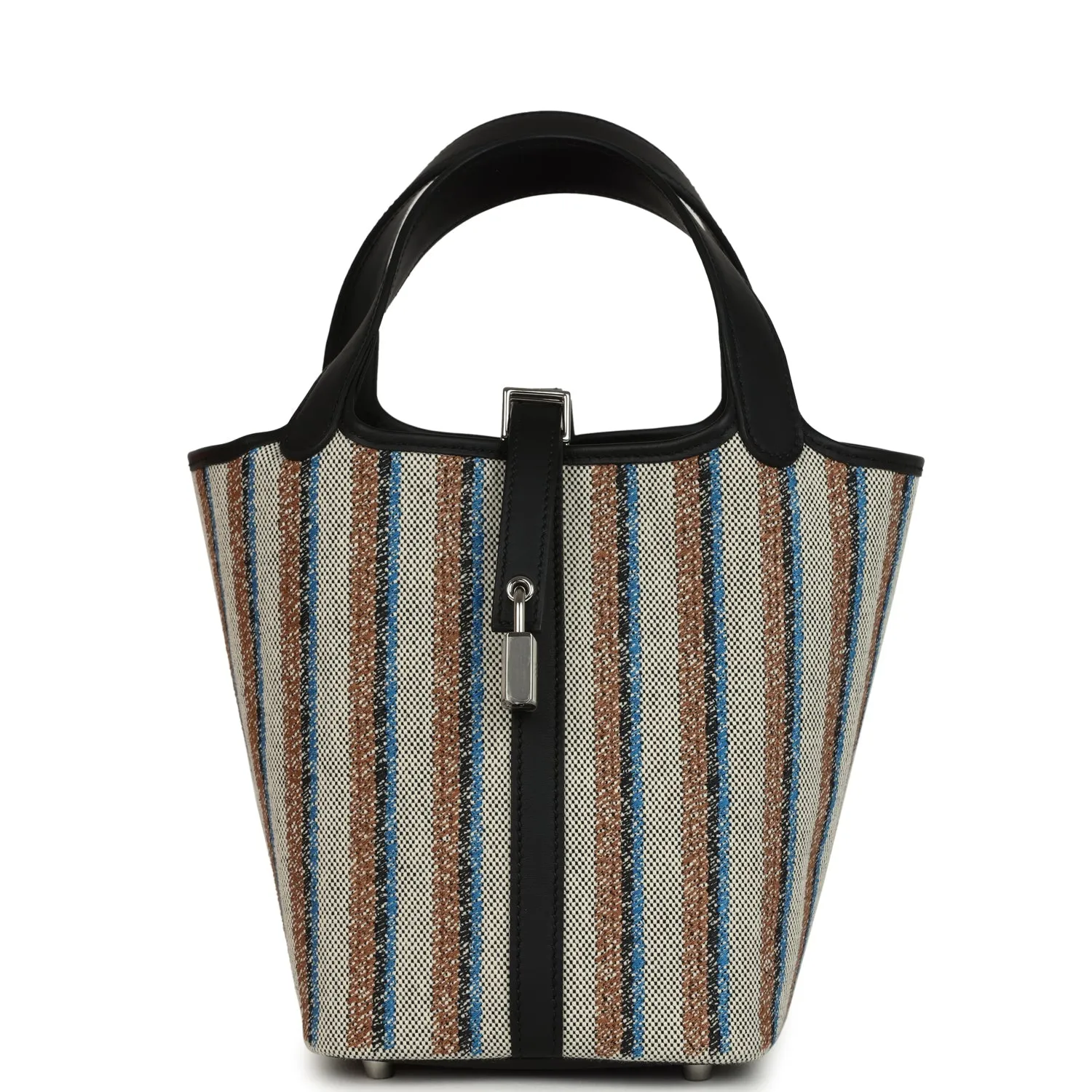 Herm??s Stripe Picotin Lock 18 Black Swift and Ecru, Bleu, Black and Fauve Toile H Canvas Palladium Hardware