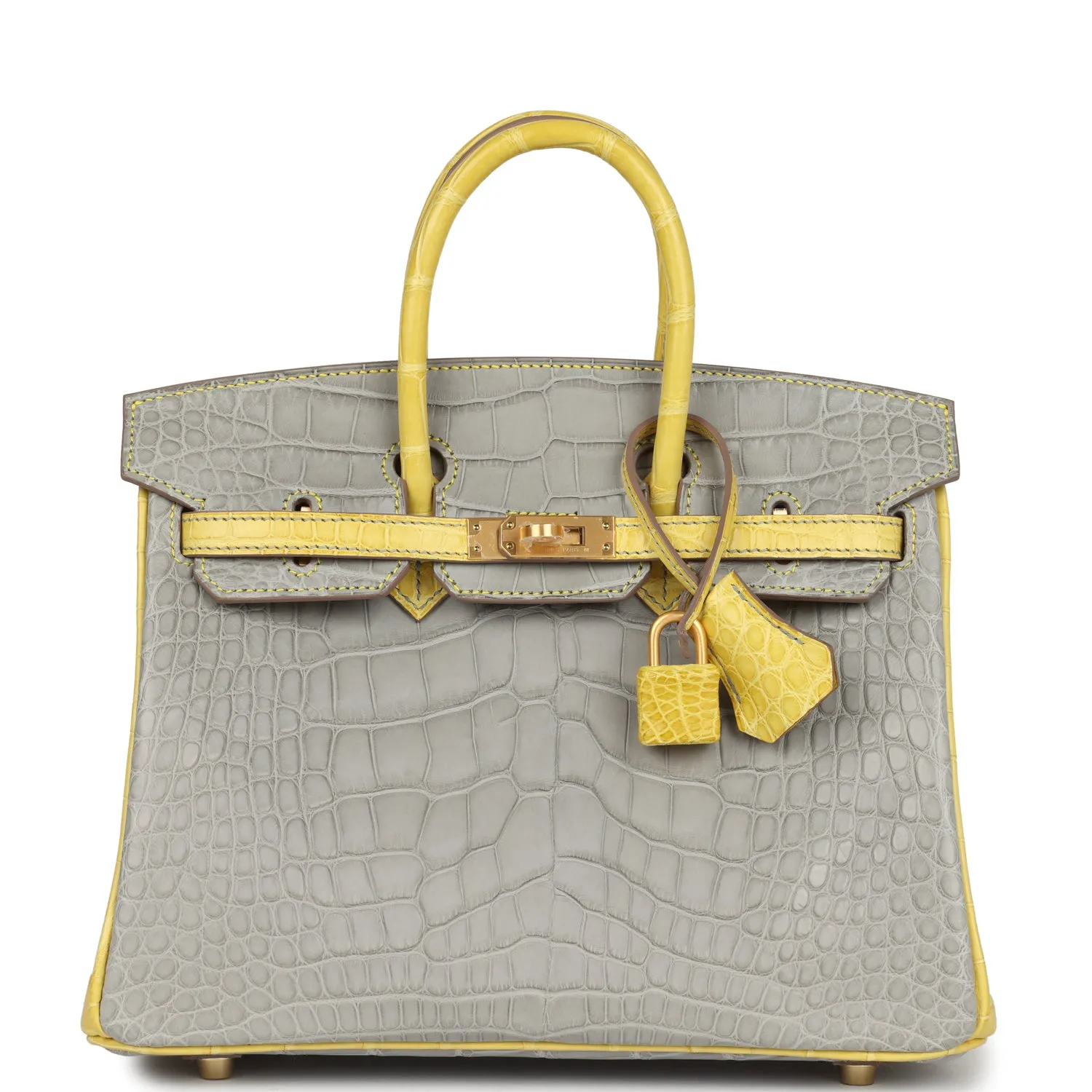 Herm??s Special Order (HSS) Birkin 25 Gris Perle and Mimosa Matte Alligator Brushed Gold Hardware
