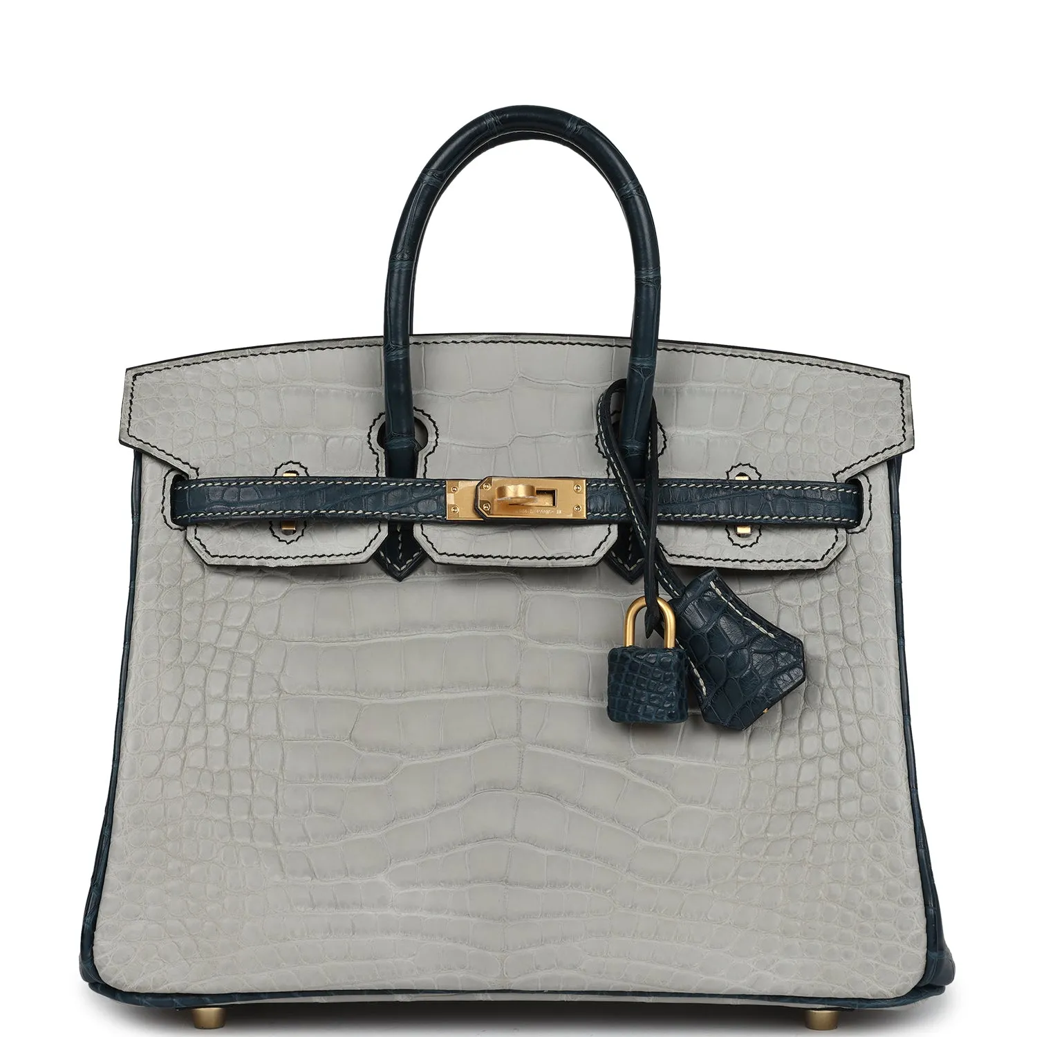 Herm??s Special Order (HSS) Birkin 25 Gris Perle and Vert Rousseau Matte Alligator Brushed Gold Hardware