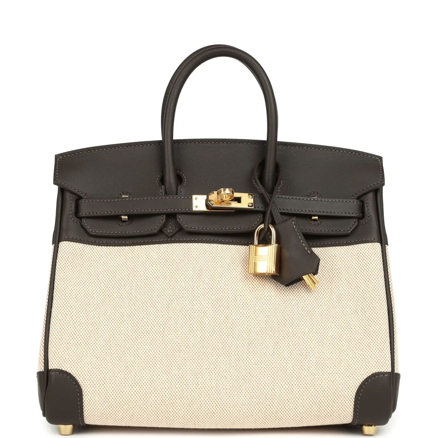 Herm??s Birkin 25 Ecru and Beige Toile H Canvas and Bai Brun Swift Gold Hardware