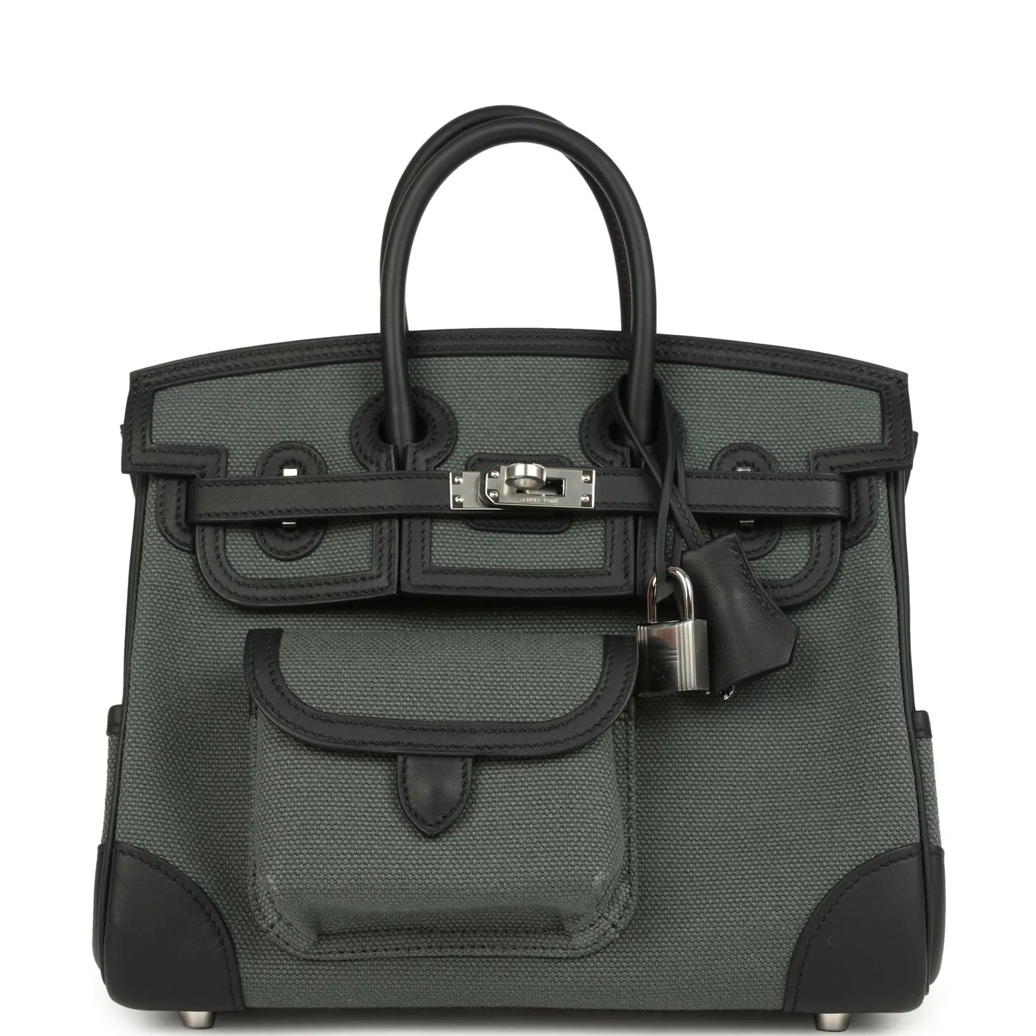 Herm??s Birkin 25 Cargo Vert Mangrove Toile Goeland and Black Swift Palladium Hardware