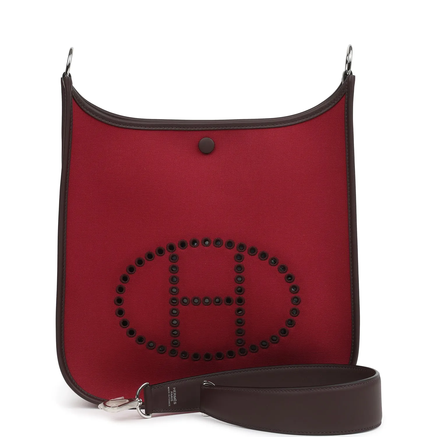 Herm??s Neo Evelyne PM Rubis Officier Canvas and Rouge Sellier Swift Palladium Hardware