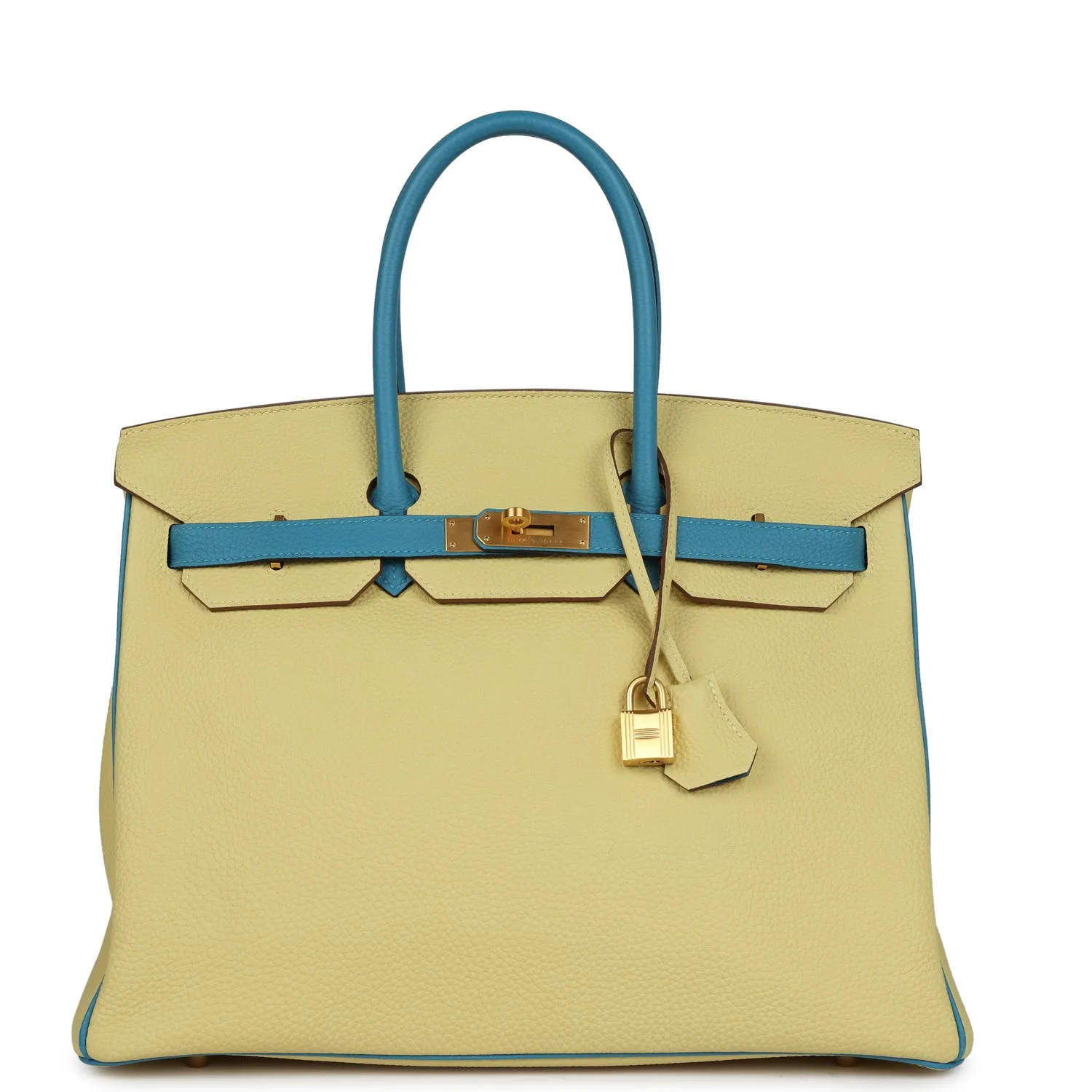 Herm??s Special Order (HSS) Birkin 35 Jaune Poussin and Bleu Paradise Togo Brushed Gold Hardware