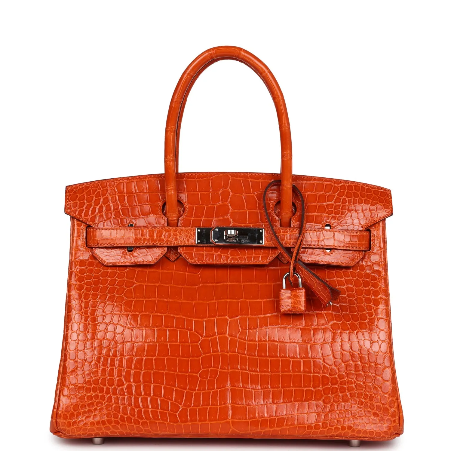 Herm??s Birkin 30 Orange Shiny Porosus Crocodile Palladium Hardware