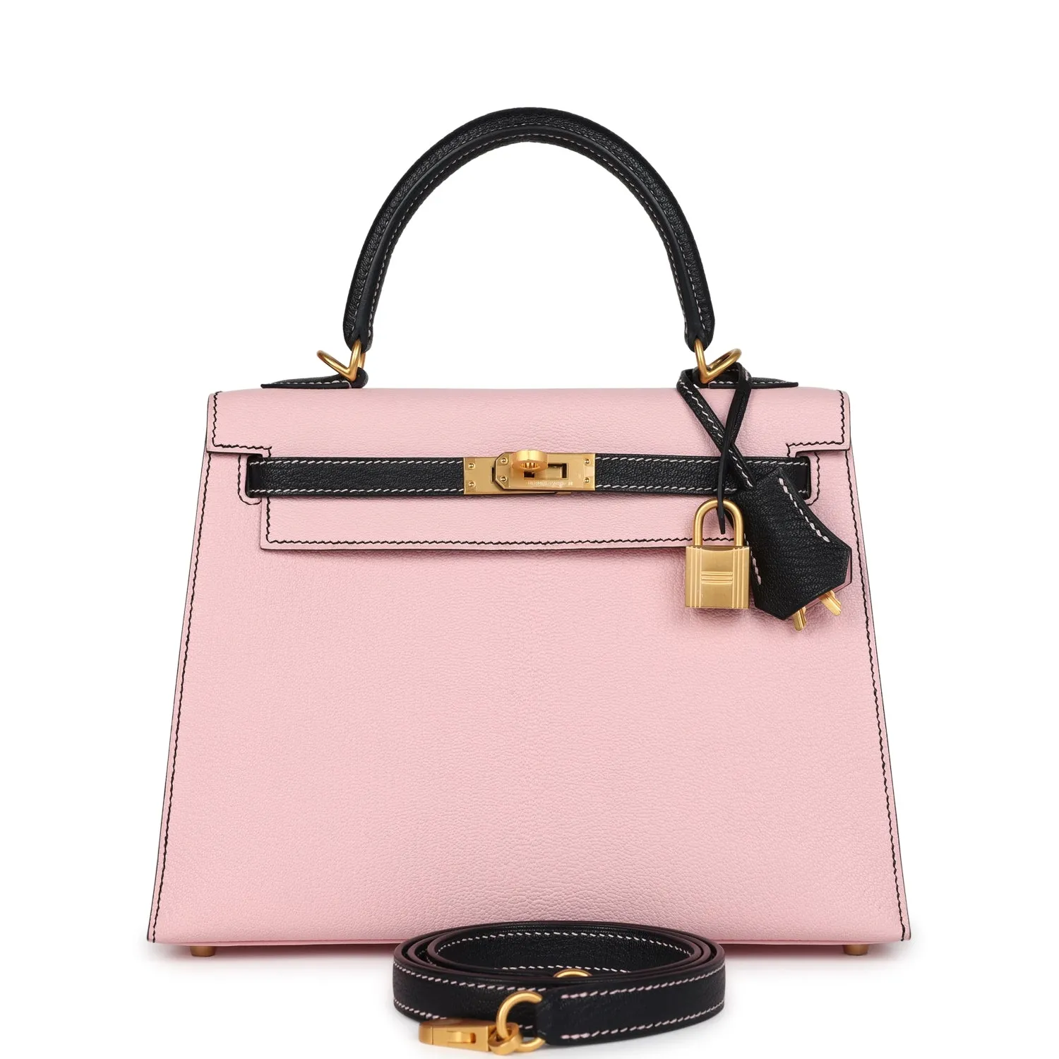 Herm??s Special Order (HSS) Kelly Sellier 25 Rose Sakura and Black Chevre Mysore Brushed Gold Hardware