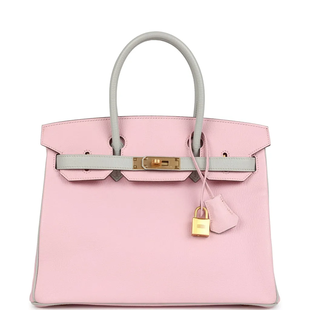 Herm??s Special Order (HSS) Birkin 30 Rose Sakura and Gris Perle Chevre Brushed Gold Hardware