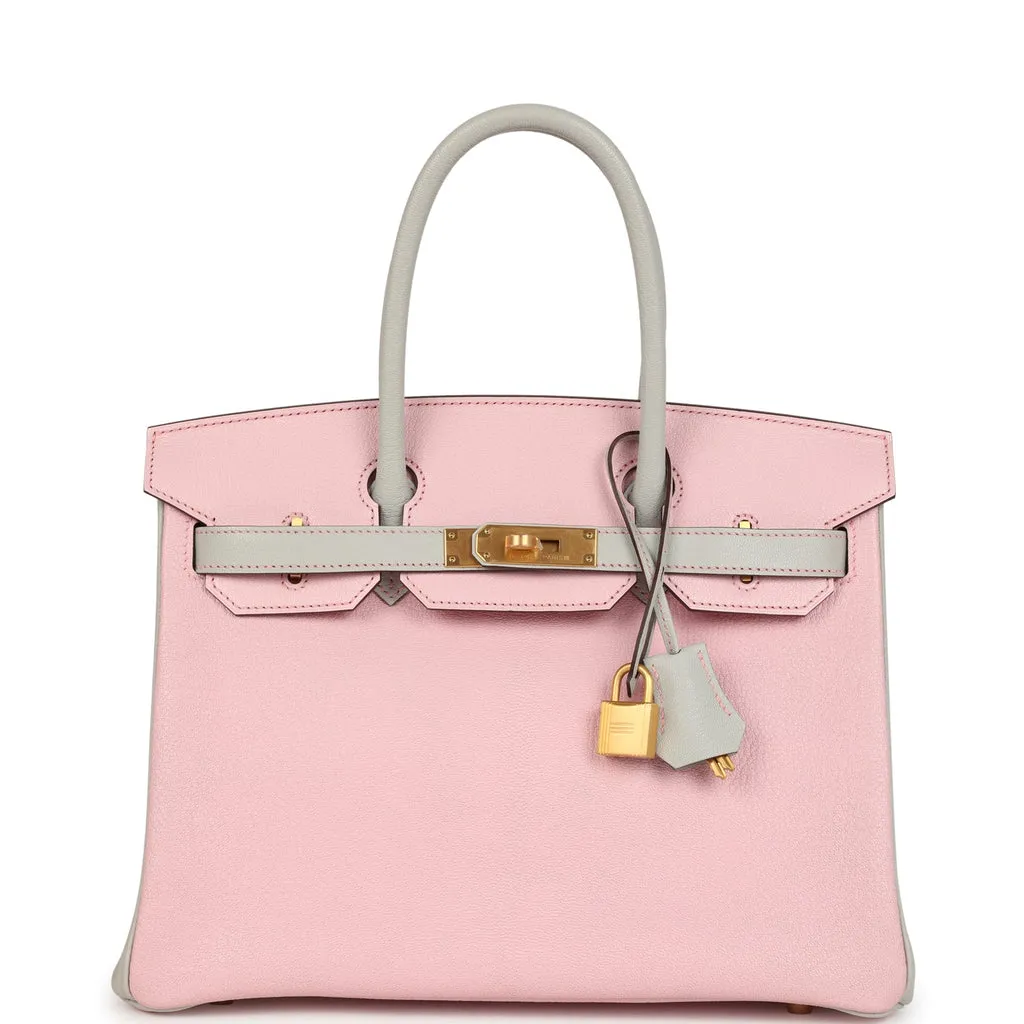 Herm??s Special Order (HSS) Birkin 30 Rose Sakura and Gris Perle Chevre Brushed Gold Hardware