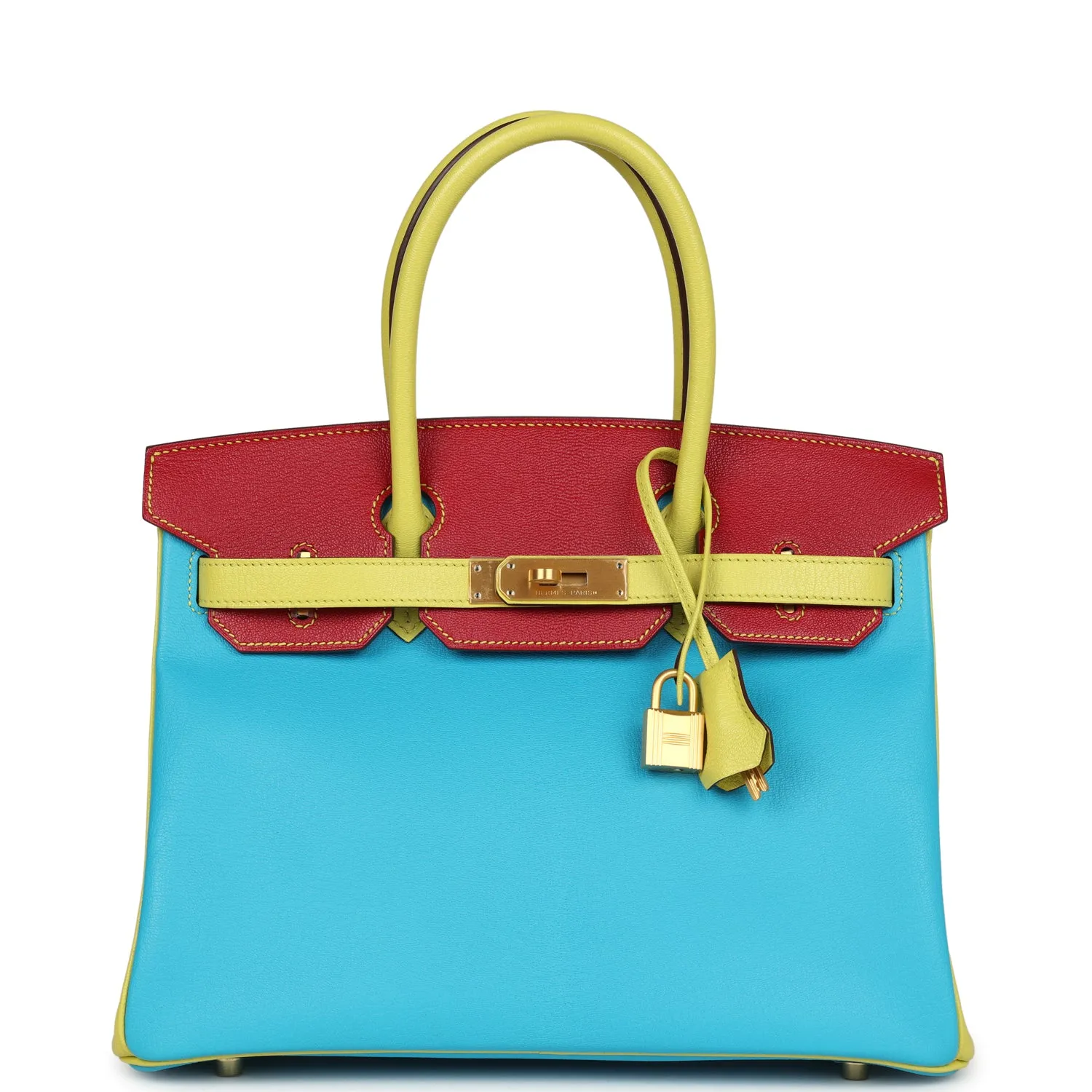 Herm??s Special Order (HSS) Tri-color Birkin 30 Bleu Aztec, Soufre and Rouge Vif Chevre Brushed Gold Hardware