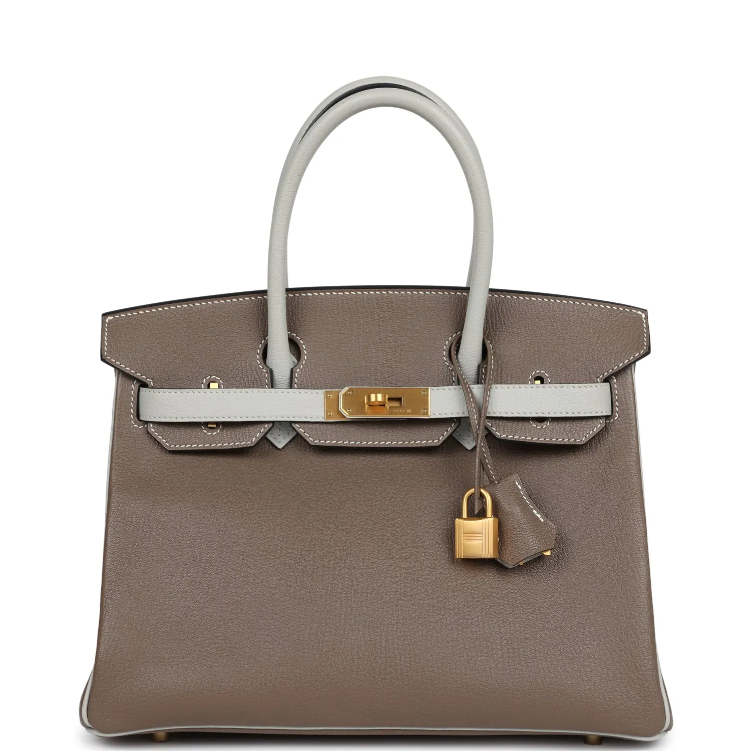 Herm??s Special Order (HSS) Birkin 30 Etoupe and Gris Perle Chevre Brushed Gold Hardware