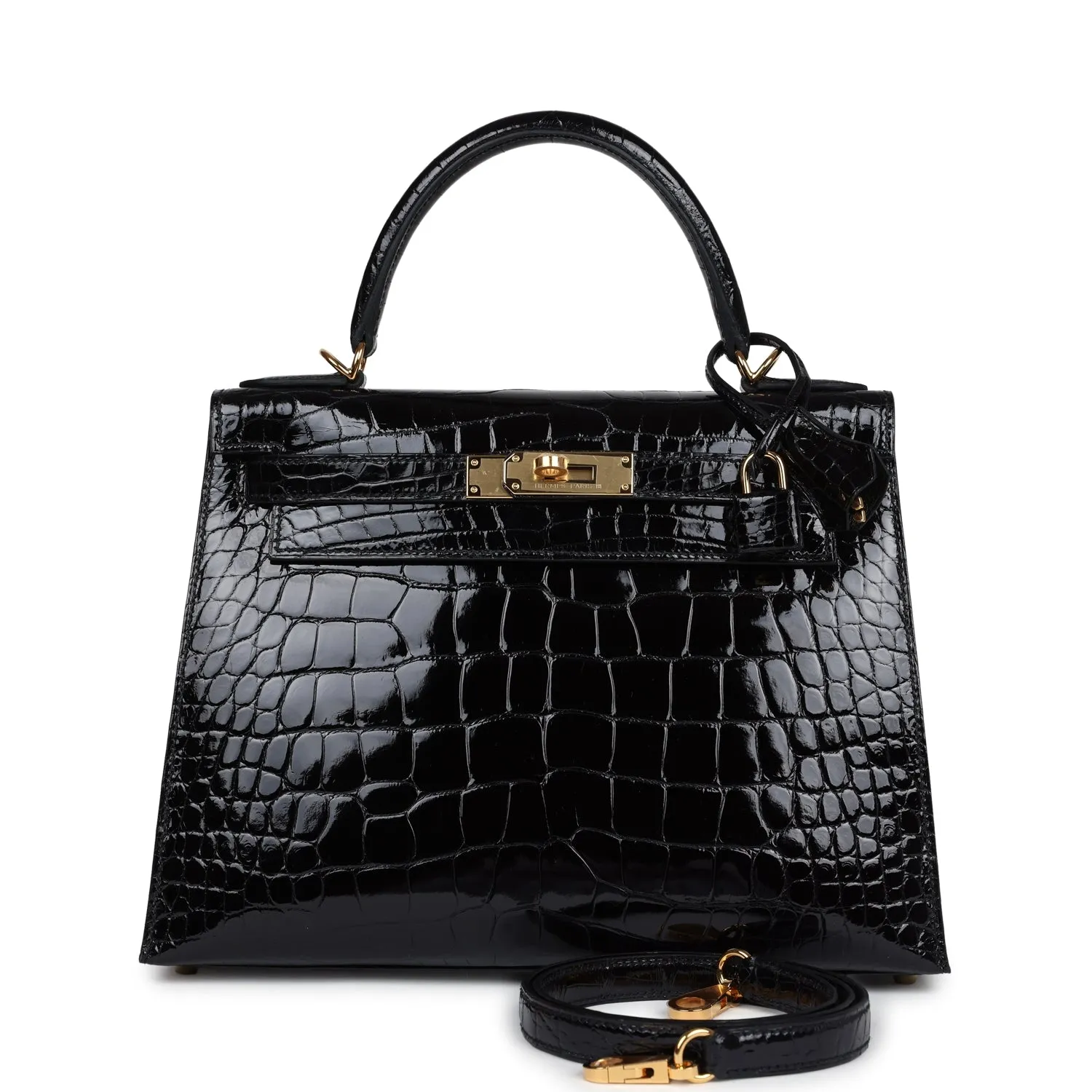 Herm??s Kelly Sellier 28 Black Shiny Alligator Gold Hardware
