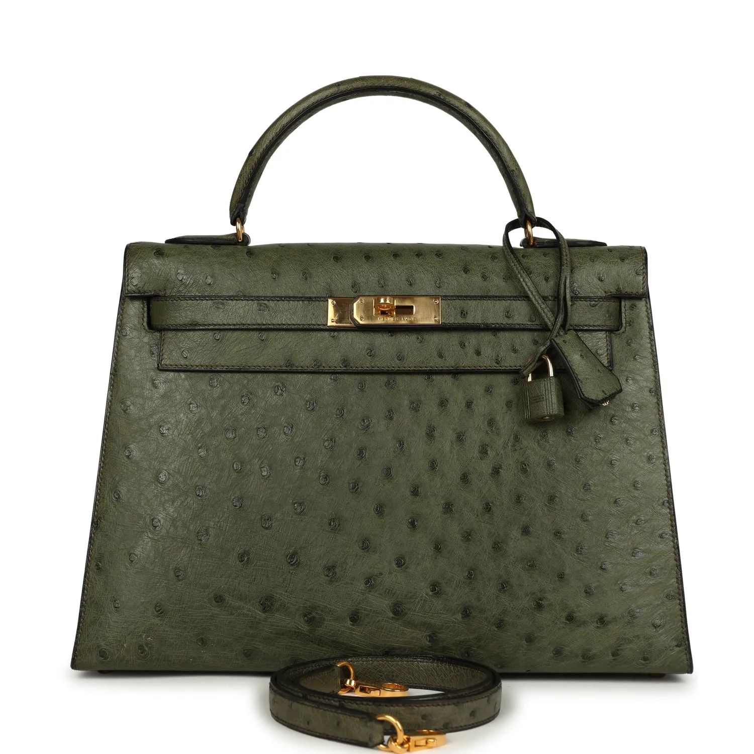 Herm??s Kelly Sellier 32 Vert Olive Ostrich Gold Hardware