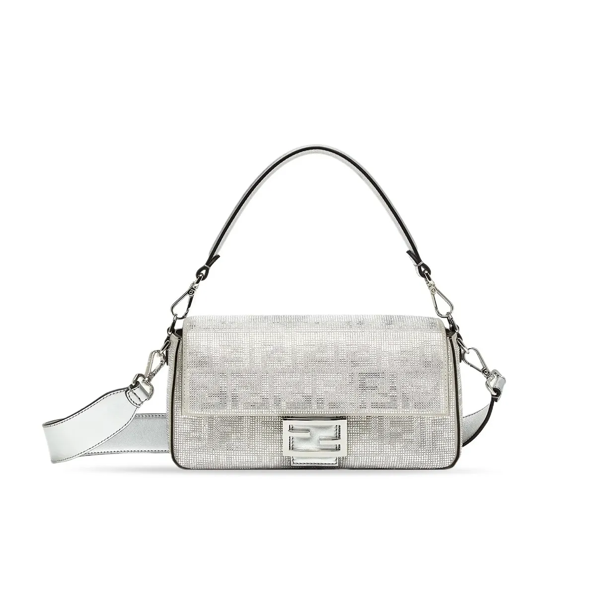 Fendi Crystal Vitello Laminato Ff Medium Baguette Crystal Argento 8BR600APKFF1JSU