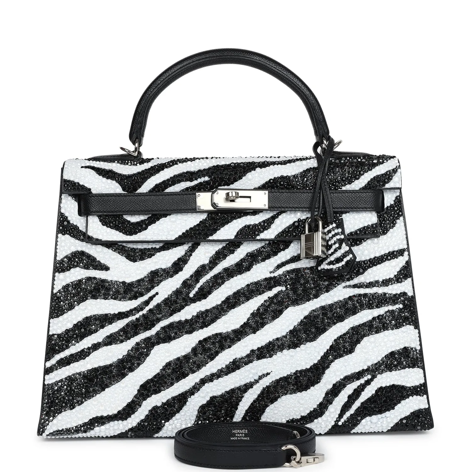 Custom Zebra Swarovski Crystal Herm??s Kelly Sellier 32 Black Epsom Palladium Hardware