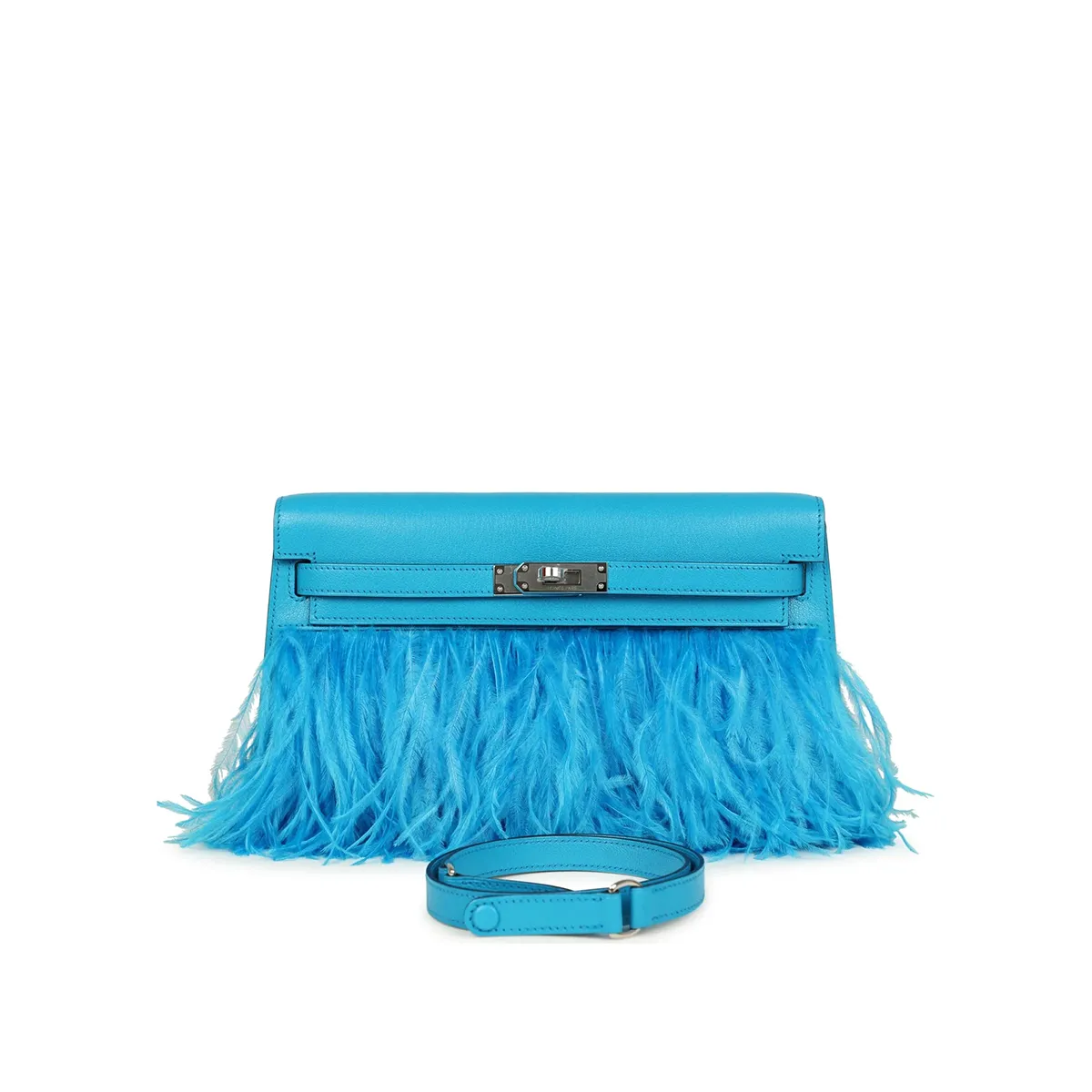 Herm??s Kelly Elan Foile Bleu Frida Chevre Chamkila and Ostrich Feathers Palladium Hardware