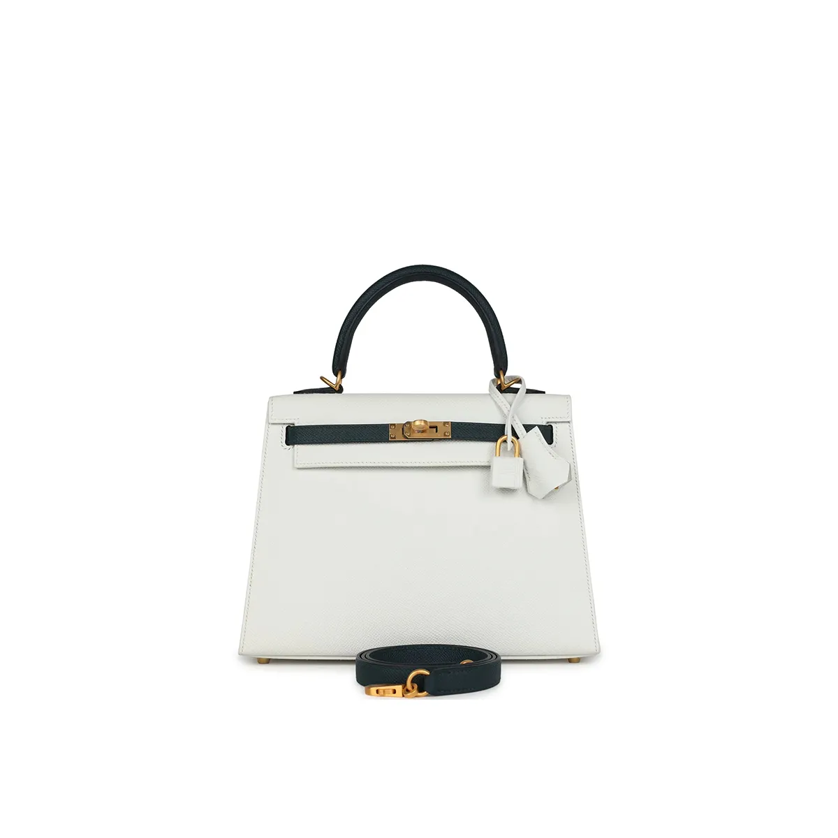 Herm??s Special Order (HSS) Kelly Sellier 25 White and Vert Cypress Epsom Brushed Gold Hardware