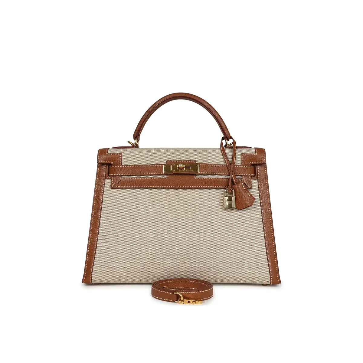 Herm??s Kelly Sellier 32 Gold Courchevel and Ecru-Beige Toile H Canvas Gold Hardware