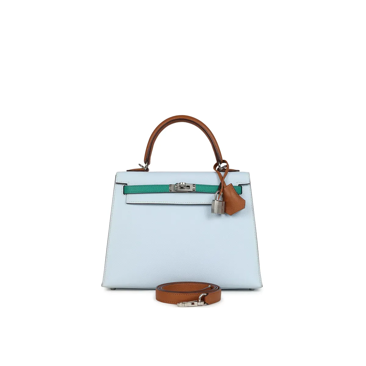 Herm??s Kelly Sellier 25 Tri-Color Bleu Brume, Gold and Vert Jade Epsom Epsom Palladium Hardware