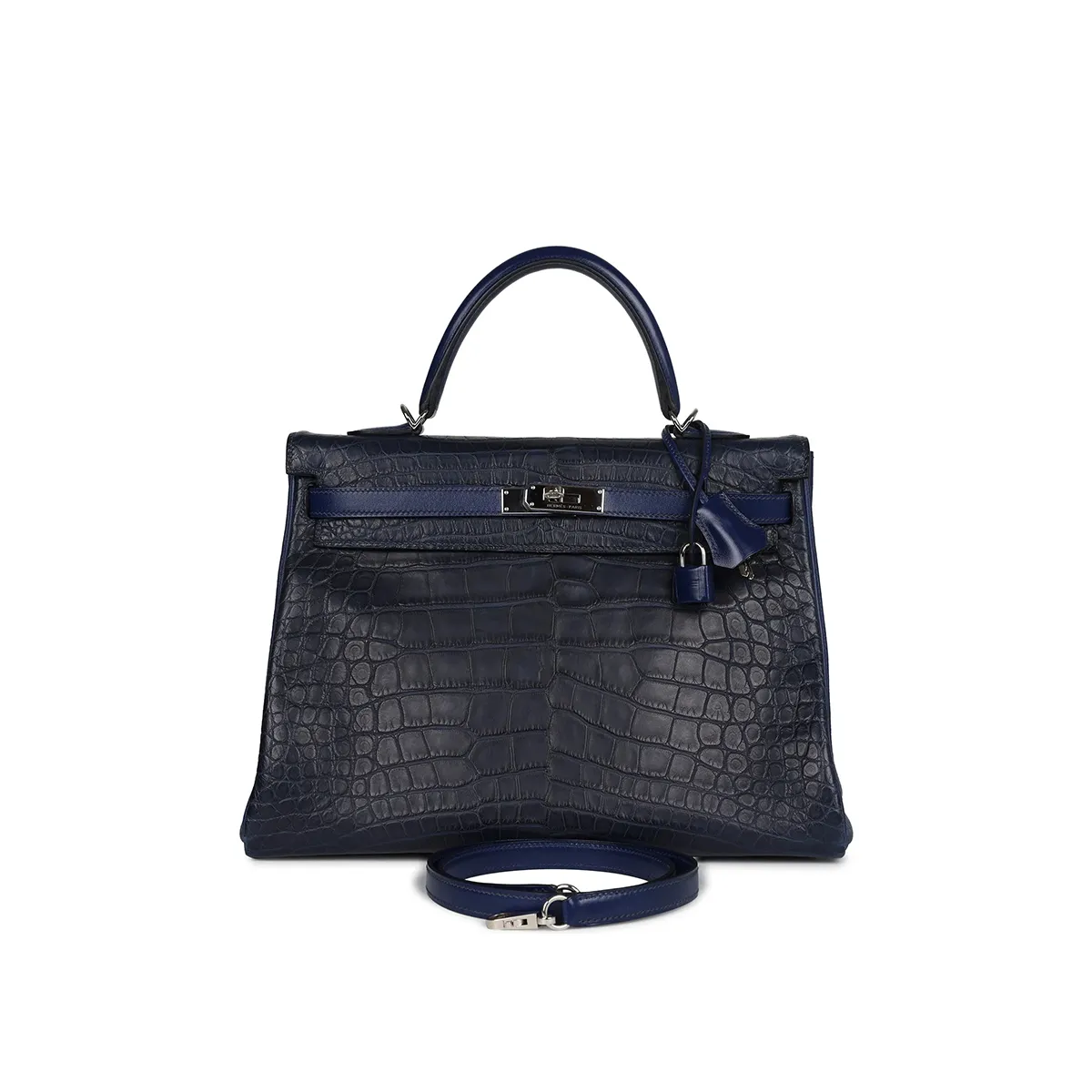 Herm??s Kelly Retourne 35 Bleu Indigo Matte Alligator and Bleu Saphir Swift and Clemence Palladium Hardware