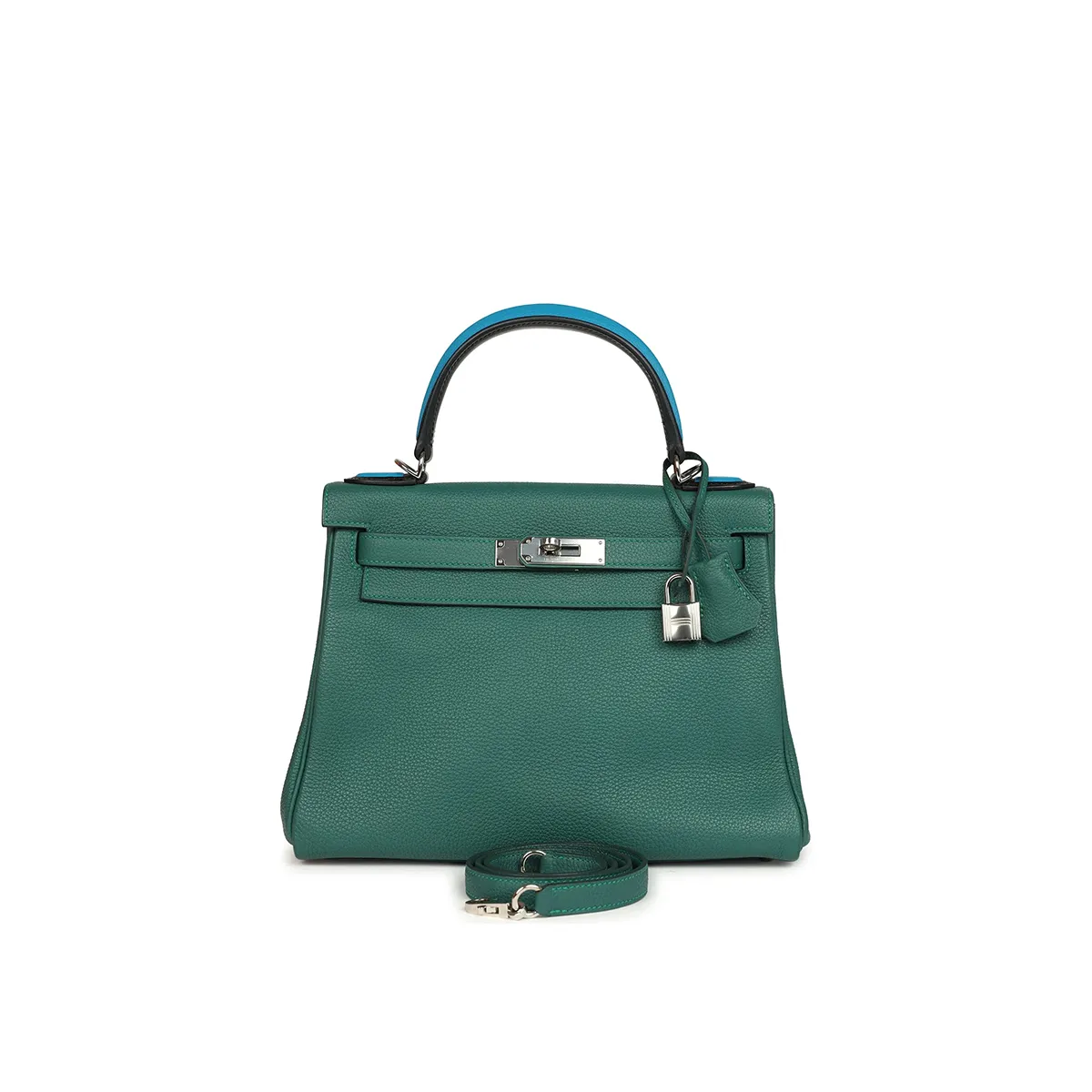 Herm??s Au Pas Kelly Retourne 28 Malachite Togo, Black, Bleu Zanzibar Evercolor and Box Palladium Hardware