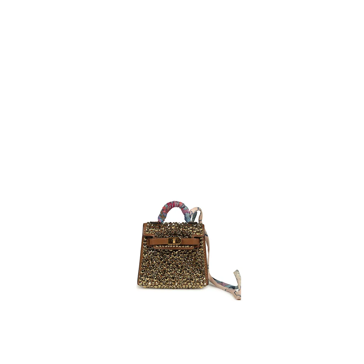 Herm??s Custom Brown Swarovski Crystal Mini Kelly Twilly Bag Charm Alezan Tadelakt Gold Hardware