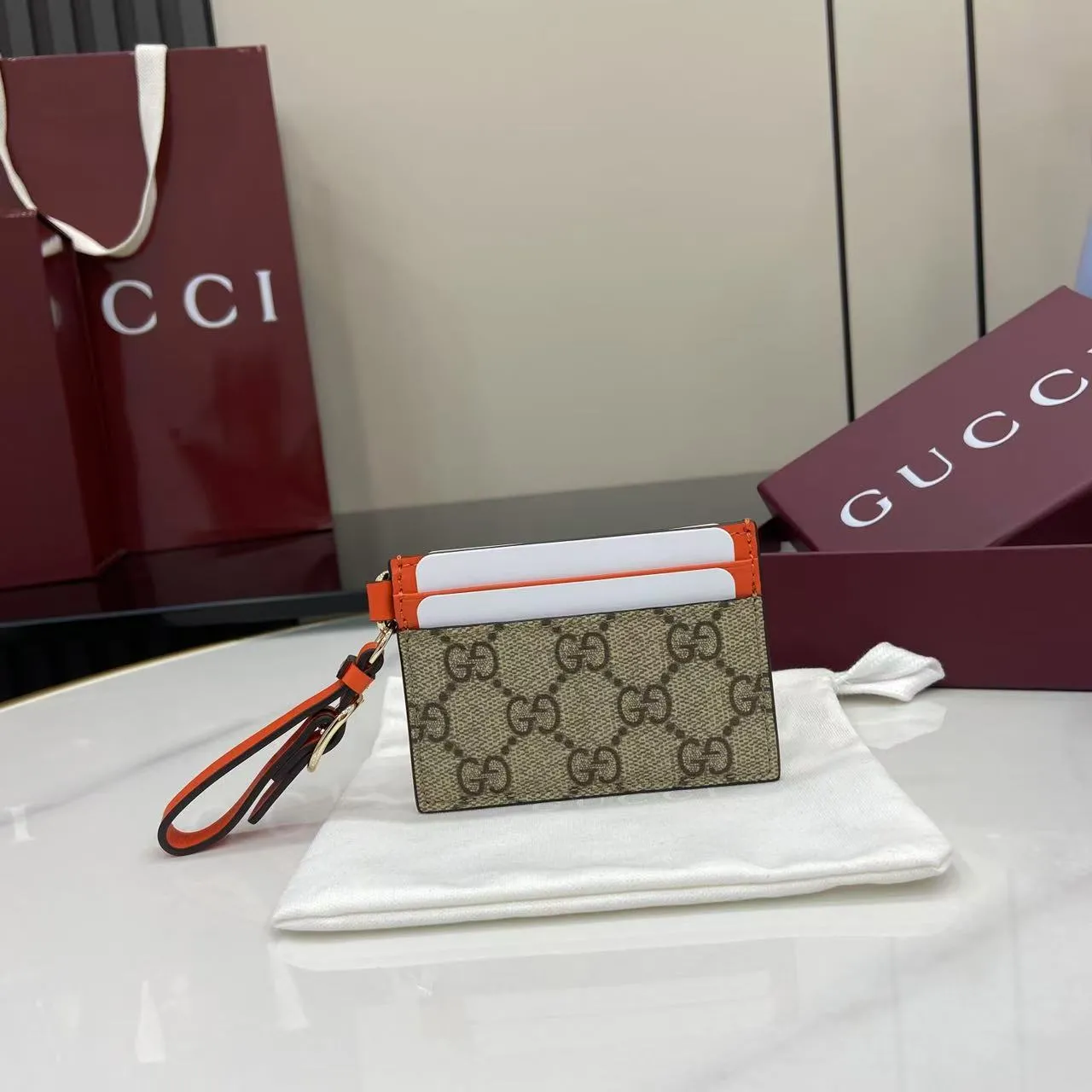 Alternative view of Gucci GG Emblem card case with strap ?819121