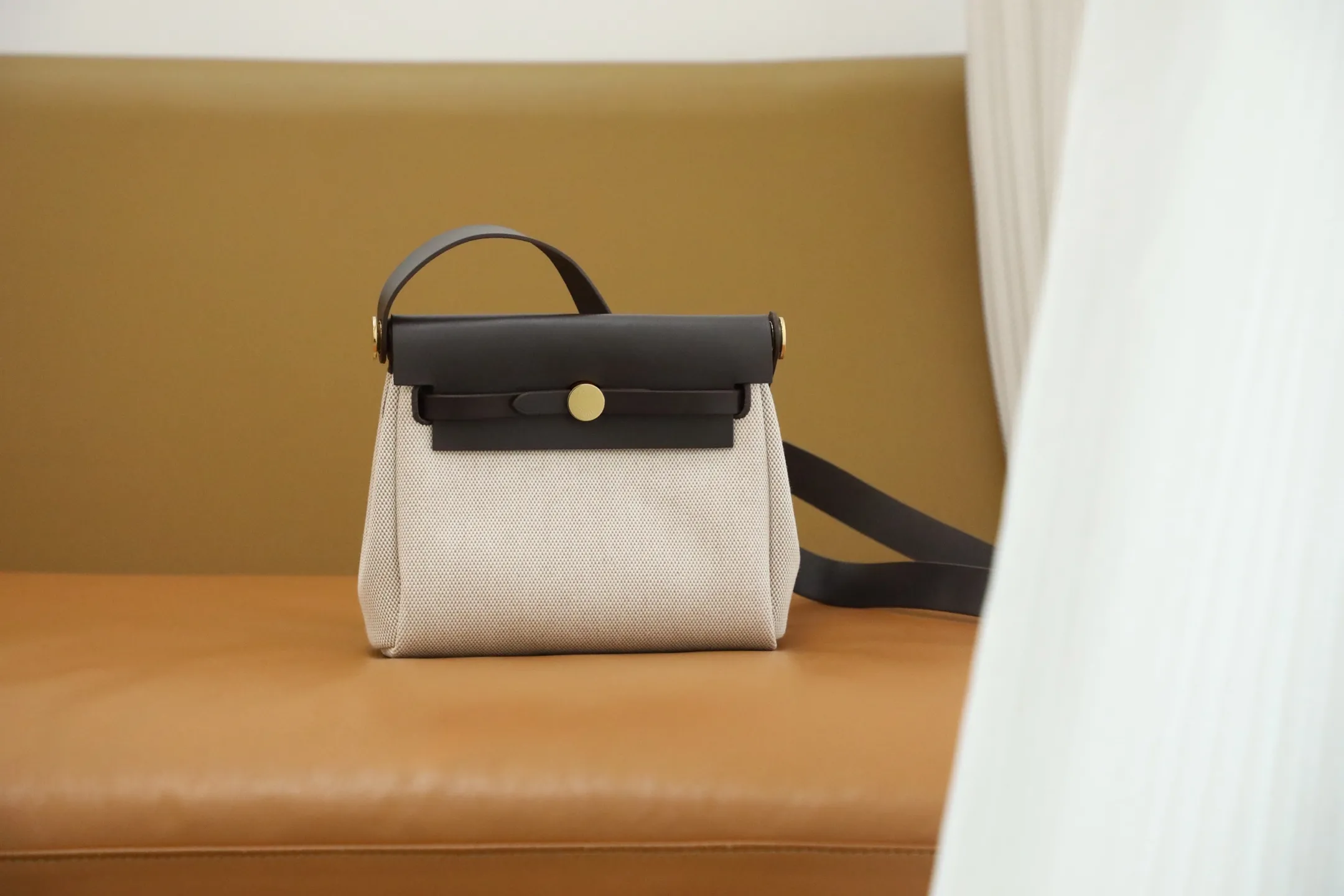 Herm??s Herbag Zip 20 Mini Ecru and Beige Toile H Canvas and Ebene Vache Hunter Palladium Hardware - 图片 2