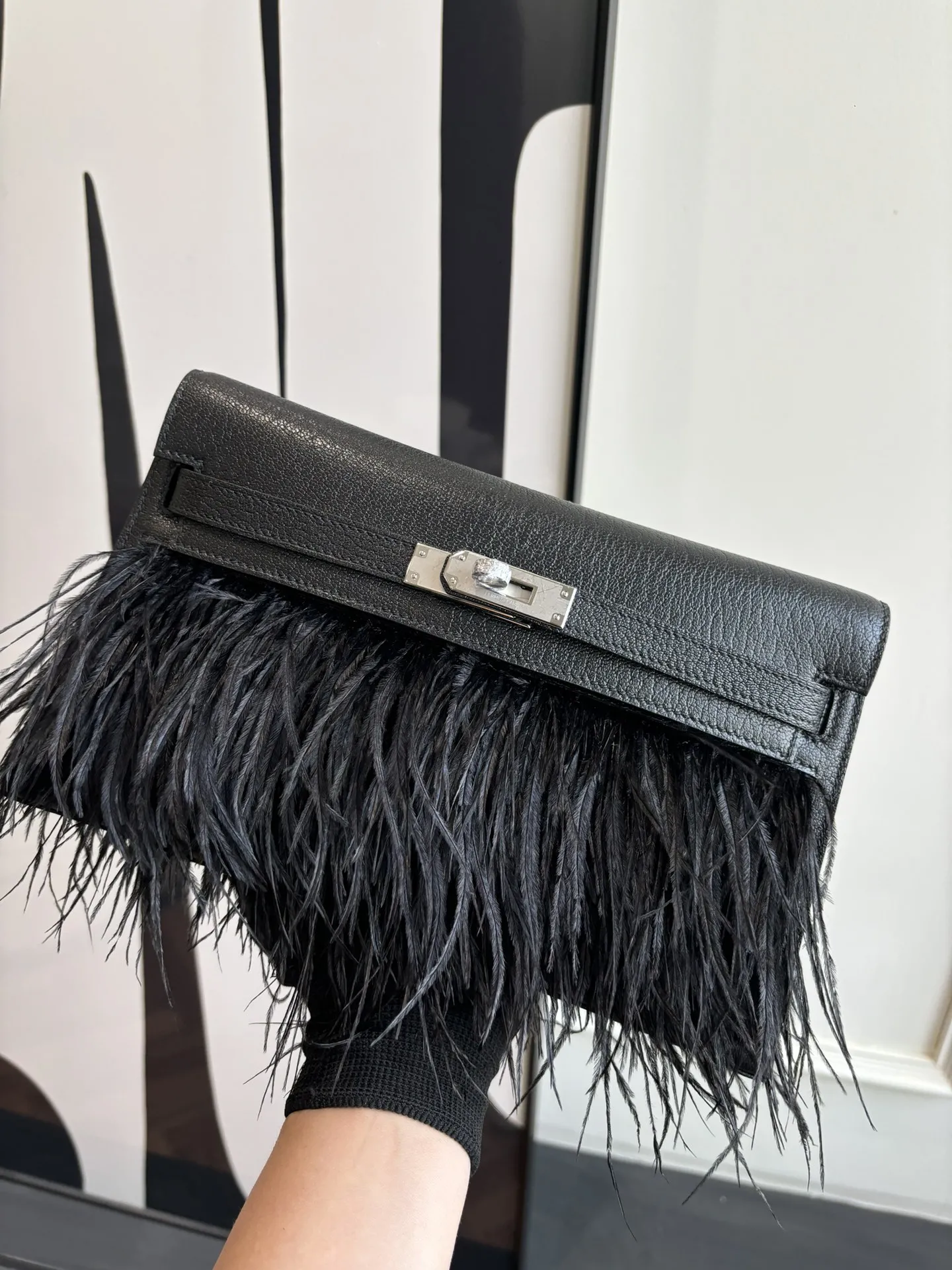 Herm??s Kelly Elan Foile Chevre Chamkila and Ostrich Feather Palladium Hardware - 图片 2