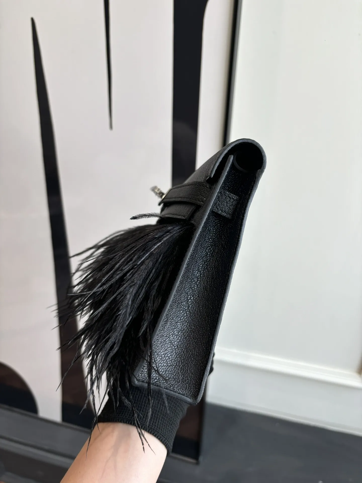 Herm??s Kelly Elan Foile Chevre Chamkila and Ostrich Feather Palladium Hardware - 图片 4