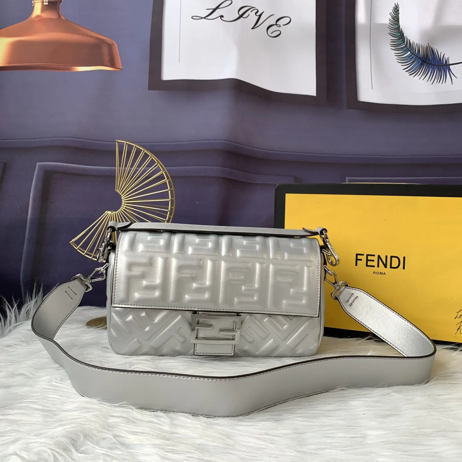 Alternative view of Fendi Crystal Vitello Laminato Ff Medium Baguette Crystal Argento 8BR600APKFF1JSU