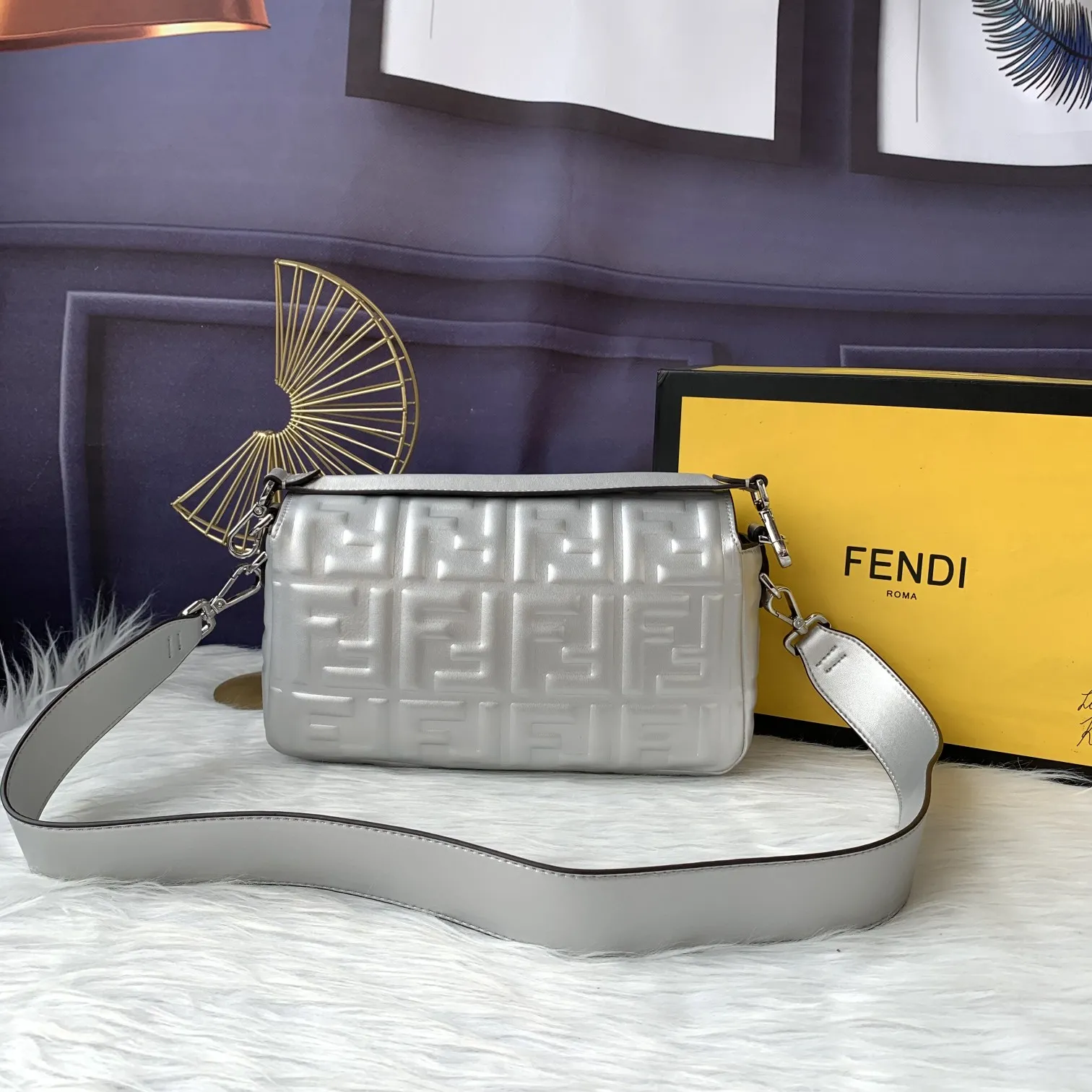 Fendi Crystal Vitello Laminato Ff Medium Baguette Crystal Argento 8BR600APKFF1JSU - Image 5
