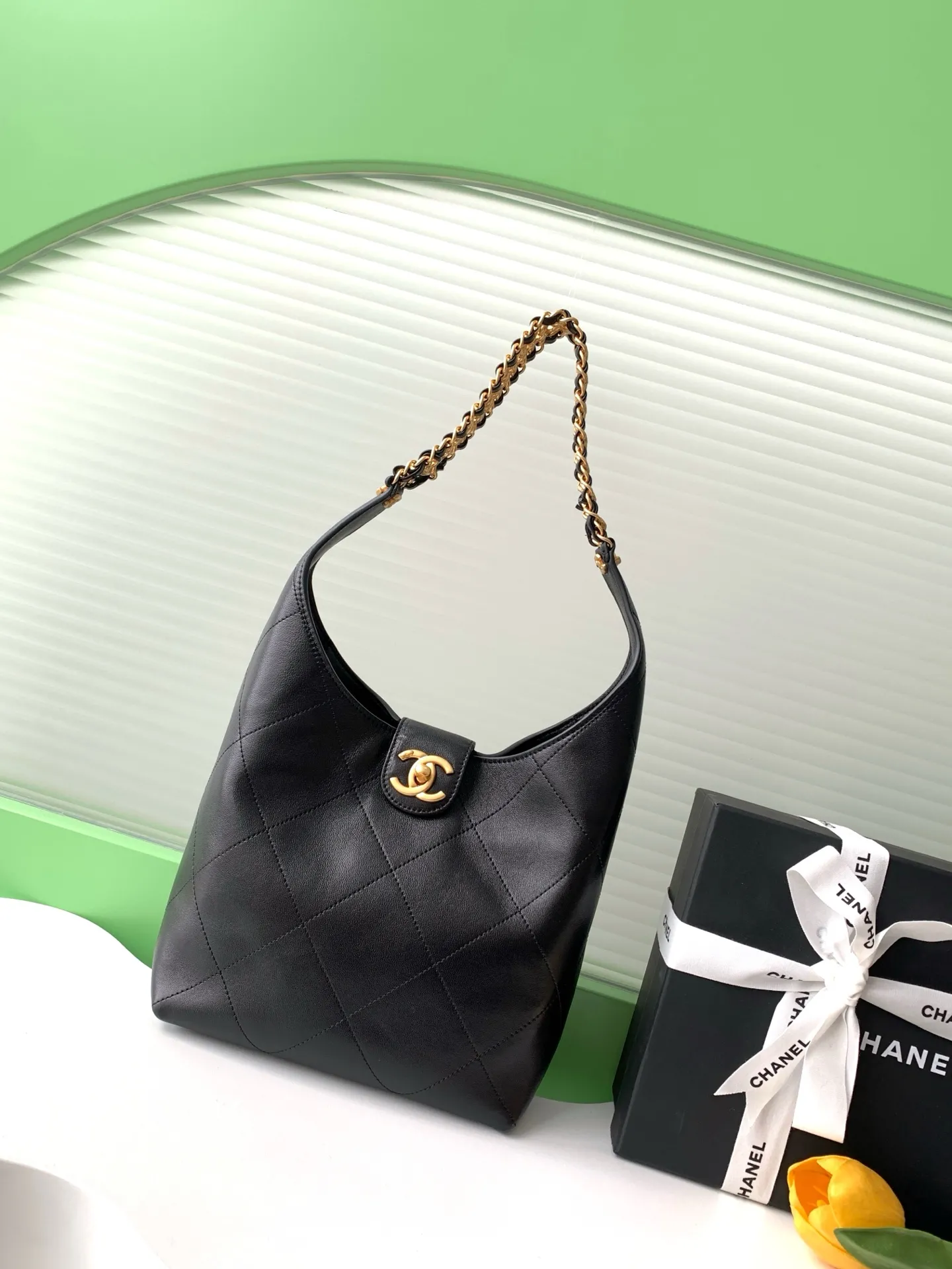 Alternative view of Chanel Small Black Lambskin Quilted Braided Chain Hobo Bag Gold Hardware AS5403