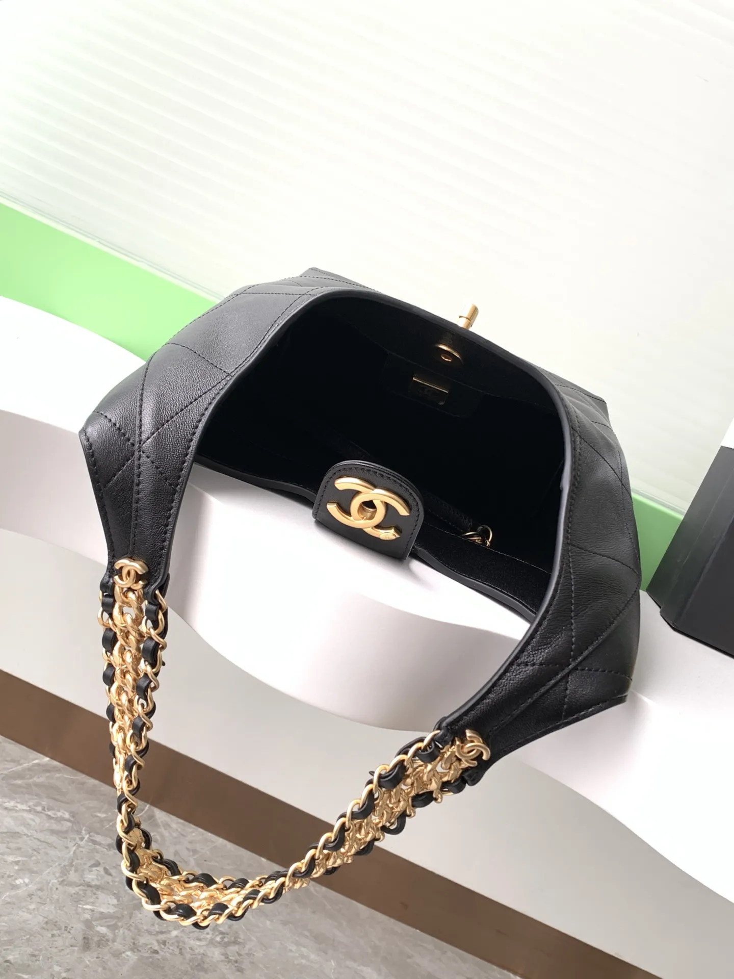 Chanel Small Black Lambskin Quilted Braided Chain Hobo Bag Gold Hardware AS5403 - Image 8