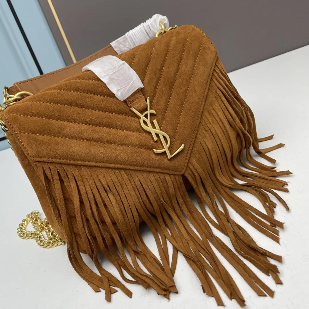 YSL College Medium Chain Bag In Light Suede With Fringes 531705 - Image 5