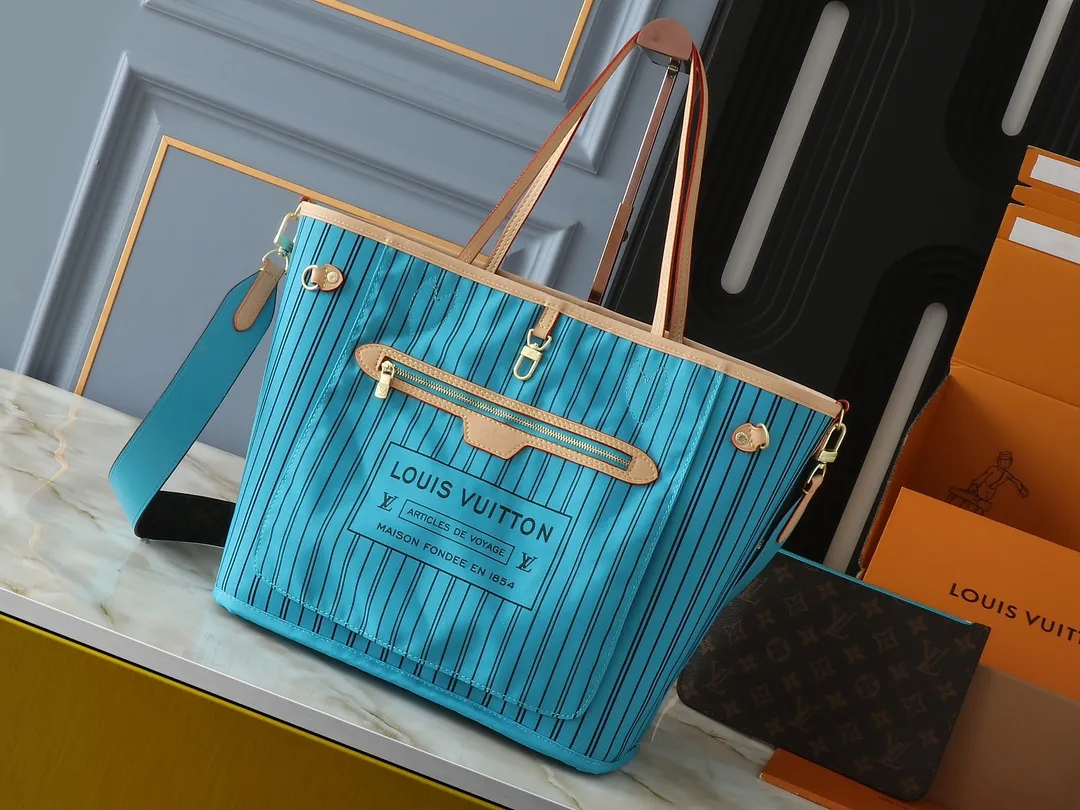 Louis Vuitton Neverfull Bandouli??re Inside Out MM Tote Bag Blue Interior - Image 3