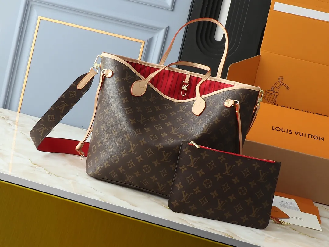 Louis Vuitton Neverfull Bandouli??re Inside Out MM Tote Bag Red Interior