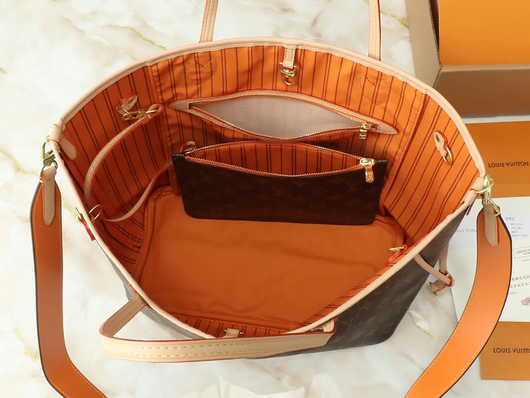 Louis Vuitton Neverfull Bandouli??re Inside Out MM Tote Bag Orange Interior - Image 9