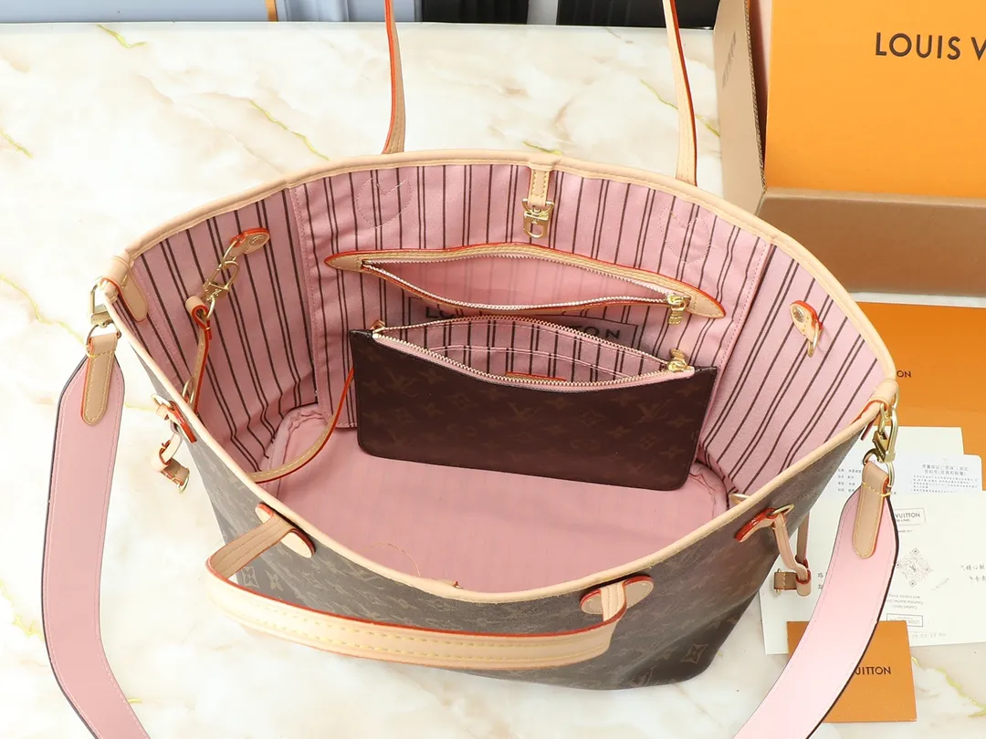 Louis Vuitton Neverfull Bandouli??re Inside Out MM Tote Bag Pink Interior - Image 9