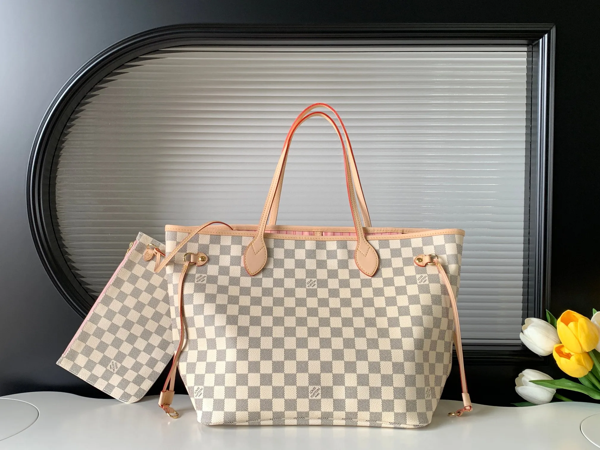 Louis Vuitton Neverfull MM Tote Bag Damier Azur Canvas with Pink Interior