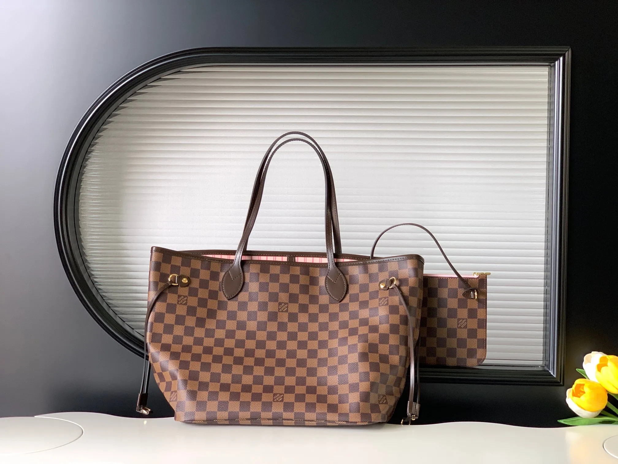 Louis Vuitton Neverfull MM Tote Bag Damier Ebene Canvas with Pink Interior - Image 3