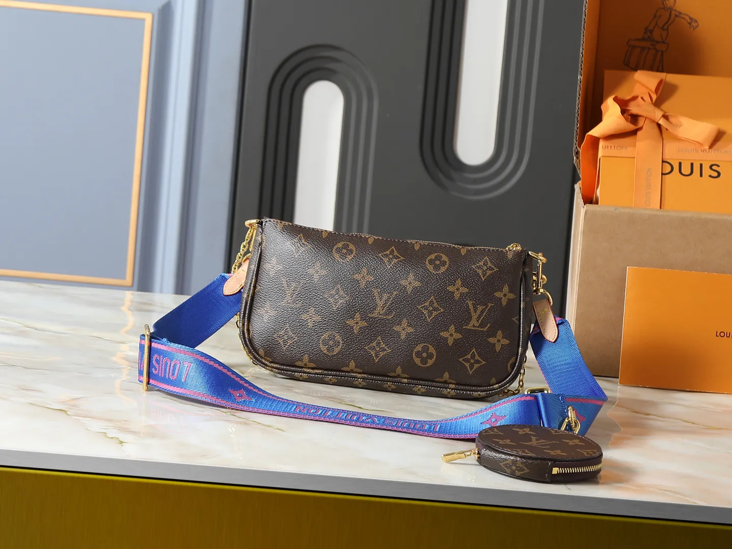 Louis Vuitton Multi Pochette Accessoires Monogram Canvas with Blue Strap - Image 3