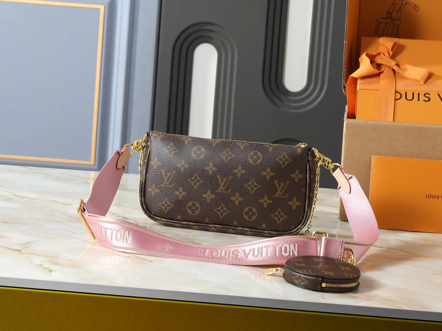 Louis Vuitton Multi Pochette Accessoires Monogram Canvas with Pink Strap - Image 3