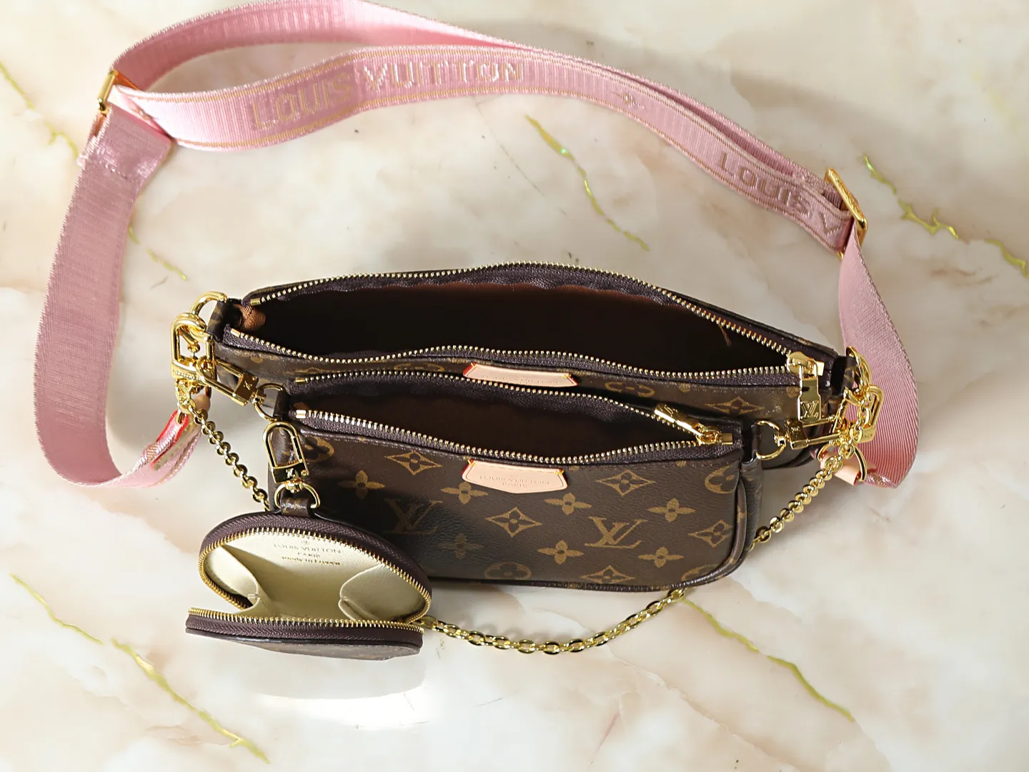 Louis Vuitton Multi Pochette Accessoires Monogram Canvas with Pink Strap - Image 9