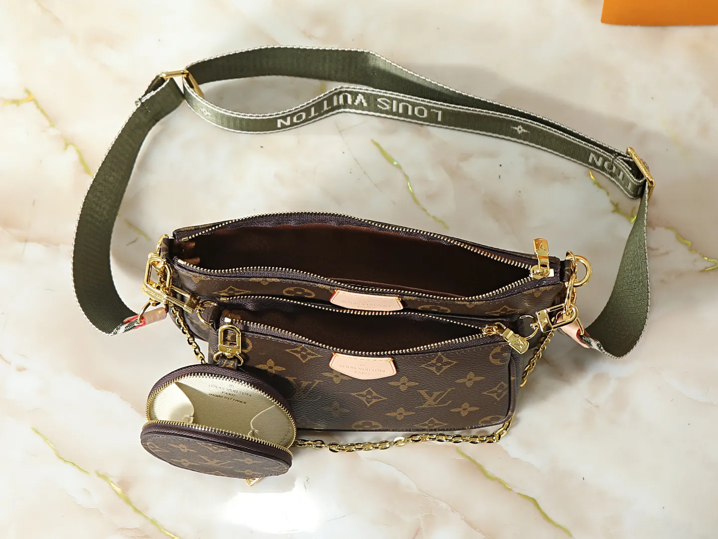 Louis Vuitton Multi Pochette Accessoires Monogram Canvas with Light Green Strap - Image 9