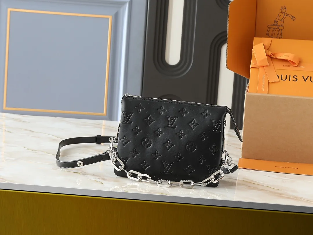 Louis Vuitton Mini Coussin BB Bag Black Monogram Embossed Leather with Silver Chain