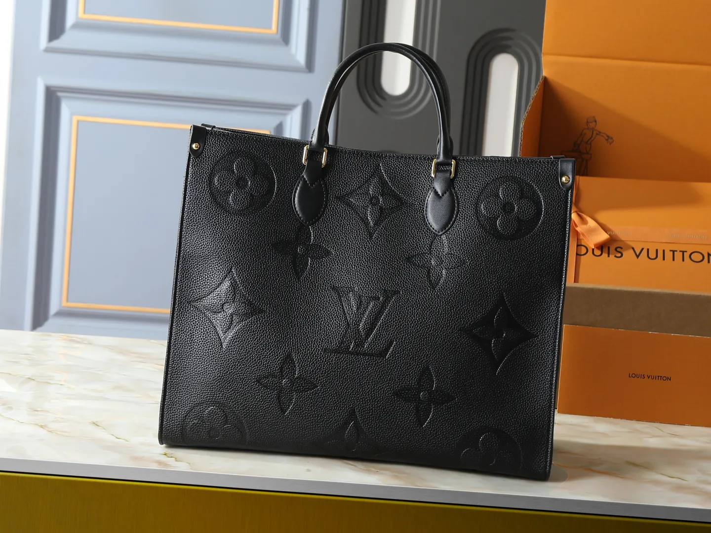 Louis Vuitton OnTheGo MM Tote Bag Black Monogram Empreinte Leather