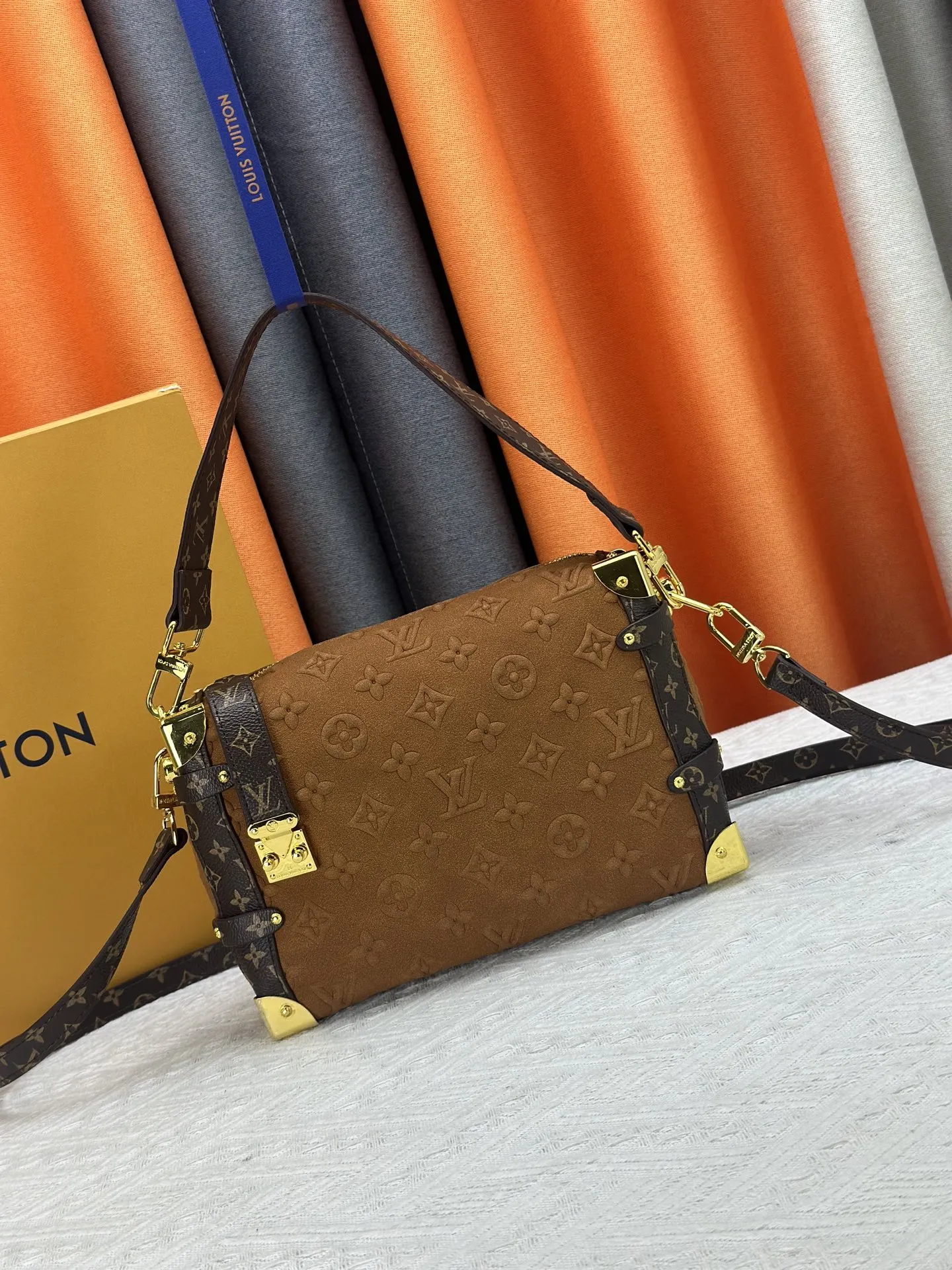 Louis Vuitton Side Trunk Handbag Monogram Embossed Sand Color