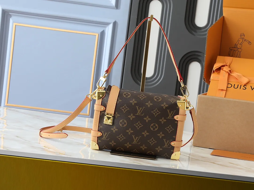 Louis Vuitton Side Trunk Handbag Monogram Canvas with Natural Leather Trim